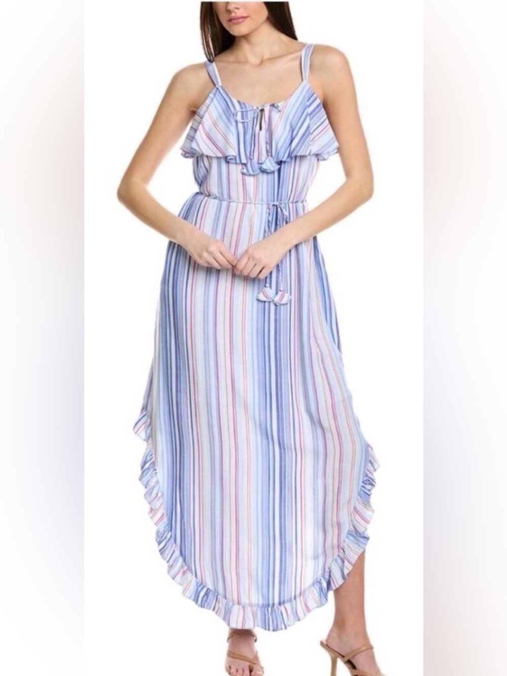 Tommy Bahama Seaside Escape Maxi Dress Light Blue Stripe Flounce Size L